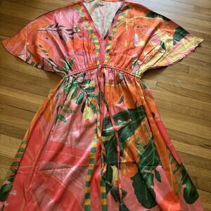 World Market Mira Hot Pink Satin Tropical Bird Botanical Kaftan Maxi Dress L/XL